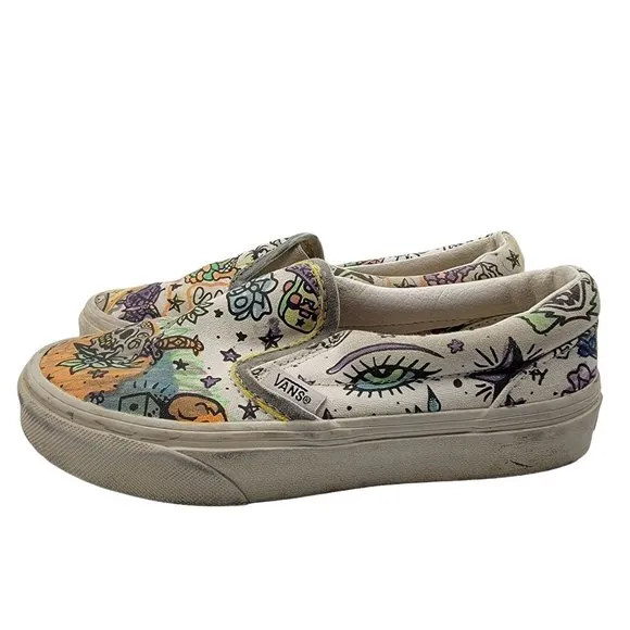 Vans U Paint Kids 1 Slip On White Skulls Canvas Casual Everyday Shoes