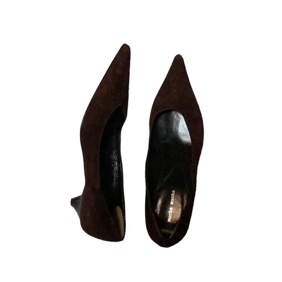 Vera Cuoio Italian Leather Brown Suede Embroidered Point Toe Kitten Heels EU 39