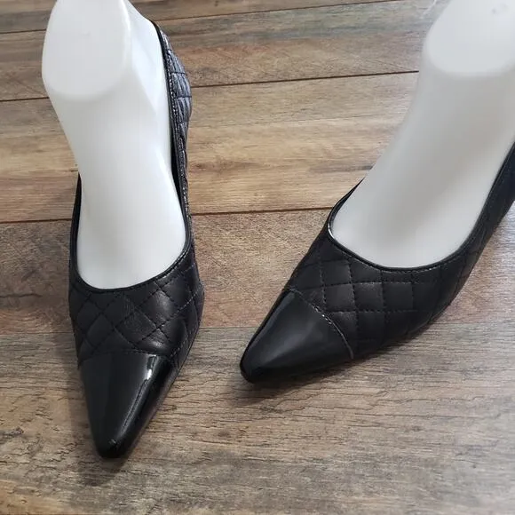 Vero Curio Black Leather Quilted Patent Leather Toe Kitten Heel Pumps 7