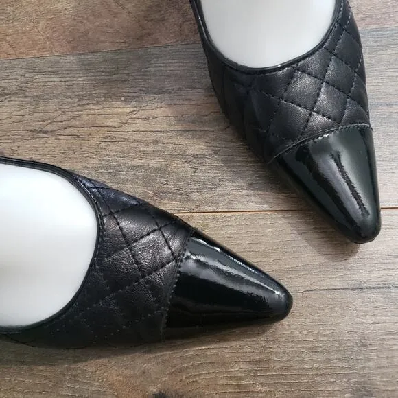Vero Curio Black Leather Quilted Patent Leather Toe Kitten Heel Pumps 7