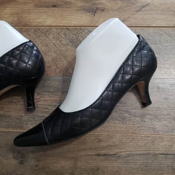 Vero Curio Black Leather Quilted Patent Leather Toe Kitten Heel Pumps 7