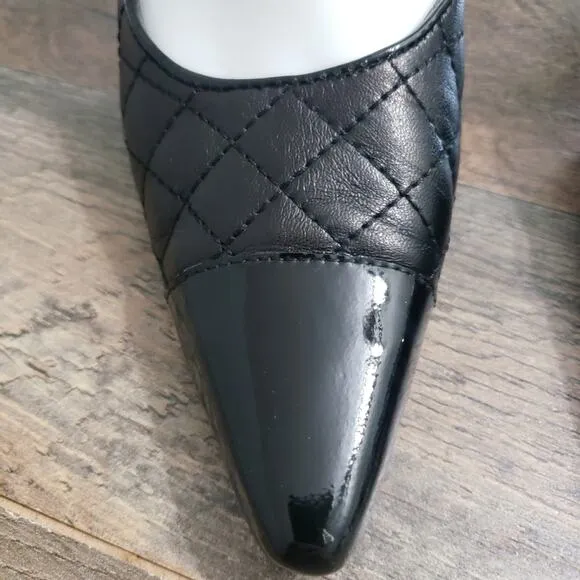 Vero Curio Black Leather Quilted Patent Leather Toe Kitten Heel Pumps 7