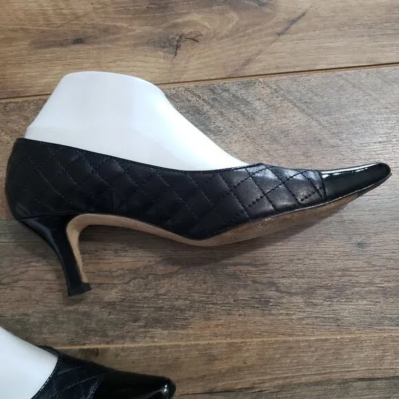 Vero Curio Black Leather Quilted Patent Leather Toe Kitten Heel Pumps 7