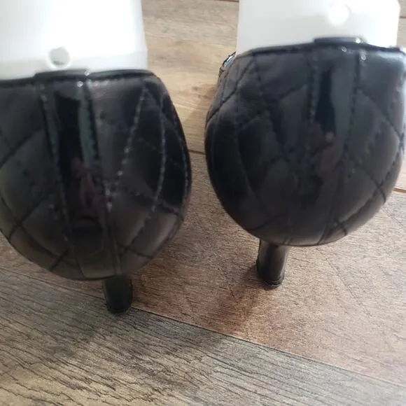 Vero Curio Black Leather Quilted Patent Leather Toe Kitten Heel Pumps 7