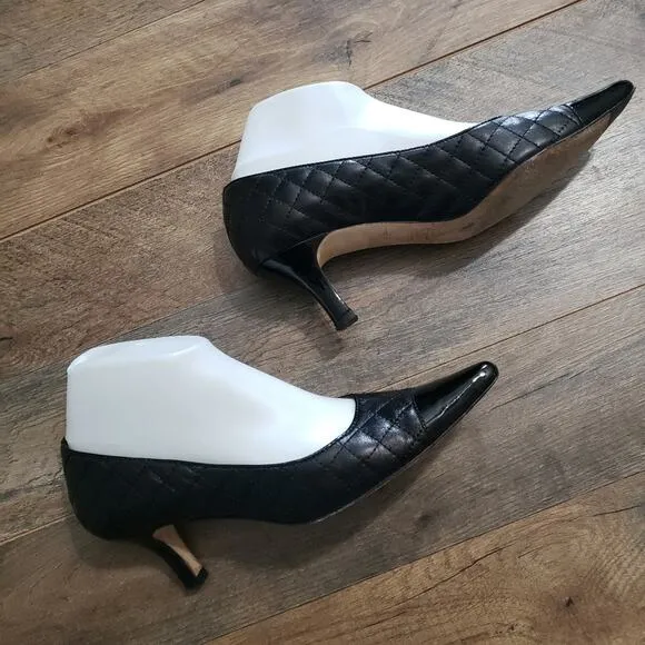 Vero Curio Black Leather Quilted Patent Leather Toe Kitten Heel Pumps 7
