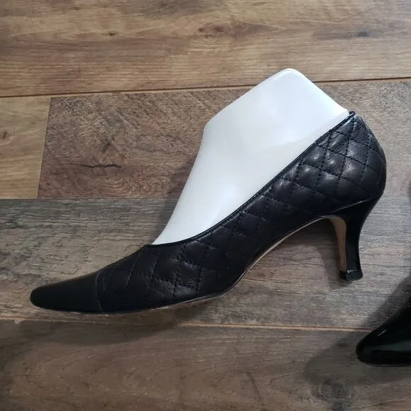 Vero Curio Black Leather Quilted Patent Leather Toe Kitten Heel Pumps 7