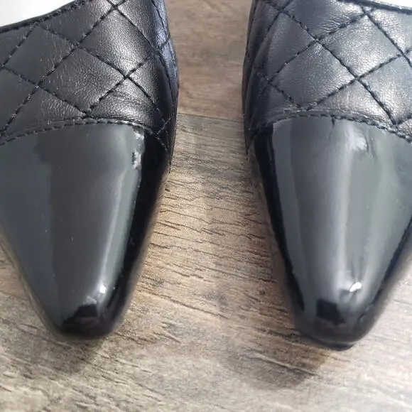 Vero Curio Black Leather Quilted Patent Leather Toe Kitten Heel Pumps 7
