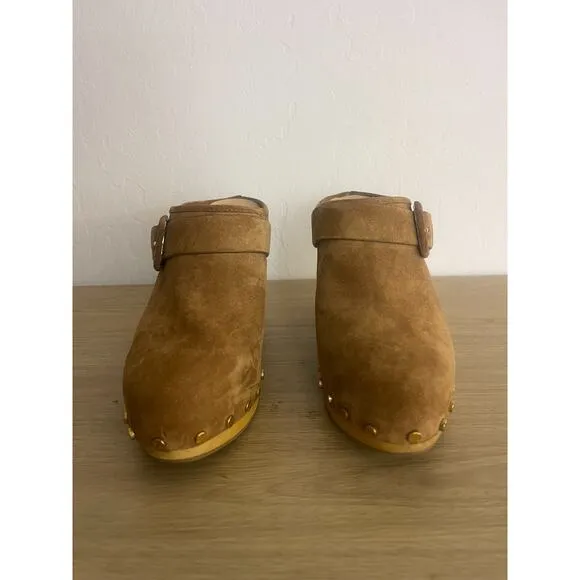 Veronica Beard 9.5 Dacey Clogs Camel Pecan Suede Studded Wooden Platform Mules
