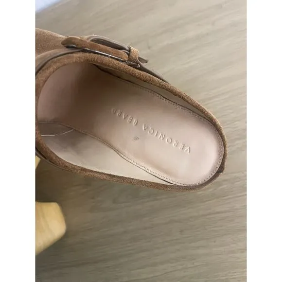 Veronica Beard 9.5 Dacey Clogs Camel Pecan Suede Studded Wooden Platform Mules