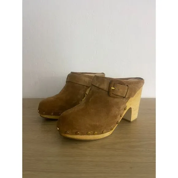Veronica Beard 9.5 Dacey Clogs Camel Pecan Suede Studded Wooden Platform Mules