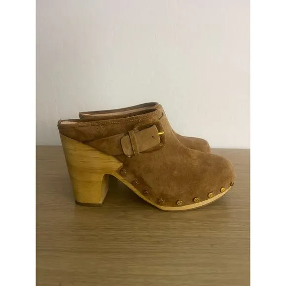 Veronica Beard 9.5 Dacey Clogs Camel Pecan Suede Studded Wooden Platform Mules