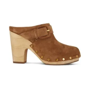 Veronica Beard 9.5 Dacey Clogs Camel Pecan Suede Studded Wooden Platform Mules