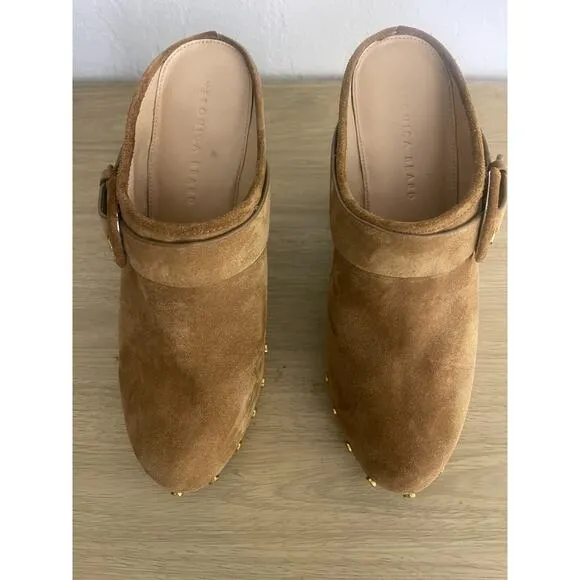 Veronica Beard 9.5 Dacey Clogs Camel Pecan Suede Studded Wooden Platform Mules