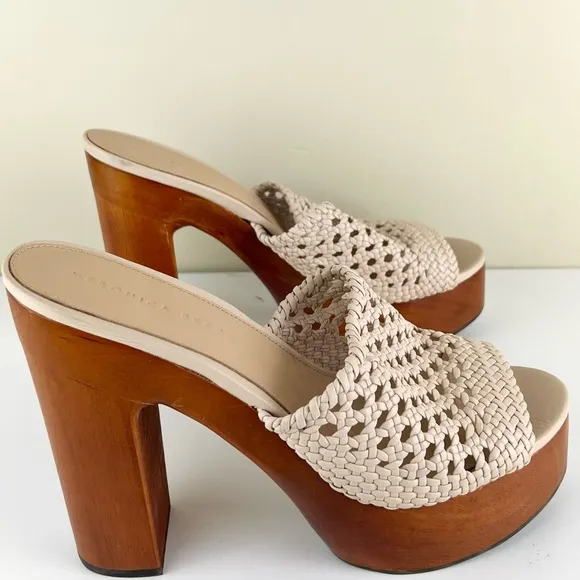 VERONICA BEARD BEIGE WOVEN LEATHER PLATFORM MULES
