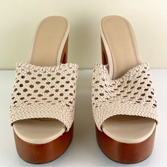 VERONICA BEARD BEIGE WOVEN LEATHER PLATFORM MULES