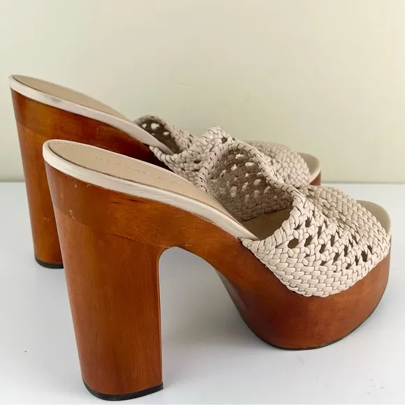 VERONICA BEARD BEIGE WOVEN LEATHER PLATFORM MULES