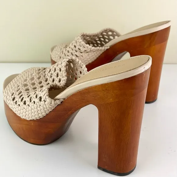 VERONICA BEARD BEIGE WOVEN LEATHER PLATFORM MULES
