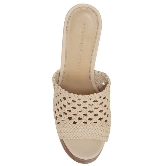 VERONICA BEARD BEIGE WOVEN LEATHER PLATFORM MULES