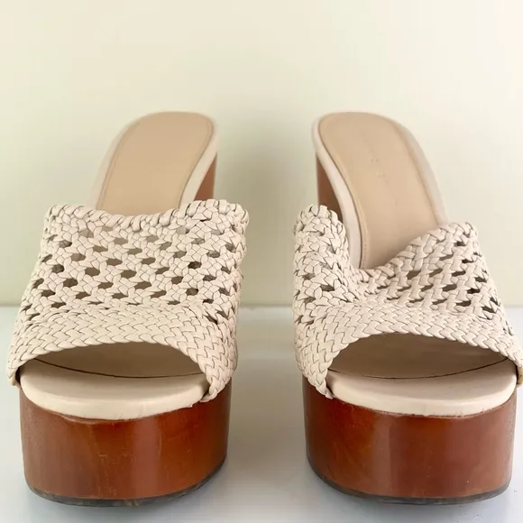 VERONICA BEARD BEIGE WOVEN LEATHER PLATFORM MULES