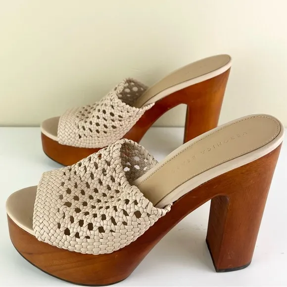 VERONICA BEARD BEIGE WOVEN LEATHER PLATFORM MULES