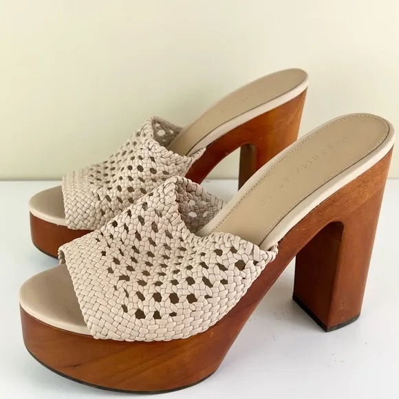 VERONICA BEARD BEIGE WOVEN LEATHER PLATFORM MULES