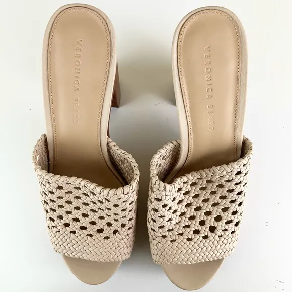 VERONICA BEARD BEIGE WOVEN LEATHER PLATFORM MULES