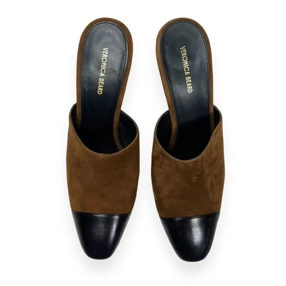 Veronica Beard Carlotta Toe Suede Mules Mixed Media Heel Camel Black Size 9