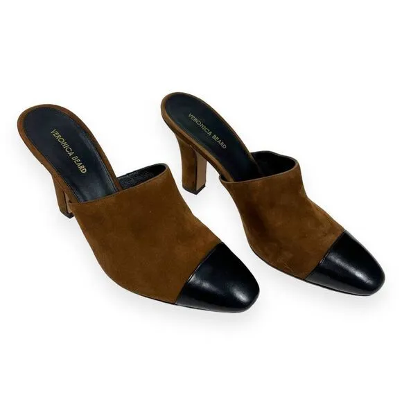 Veronica Beard Carlotta Toe Suede Mules Mixed Media Heel Camel Black Size 9