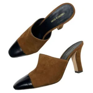 Veronica Beard Carlotta Toe Suede Mules Mixed Media Heel Camel Black Size 9