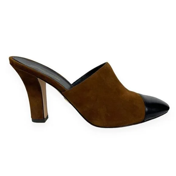 Veronica Beard Carlotta Toe Suede Mules Mixed Media Heel Camel Black Size 9