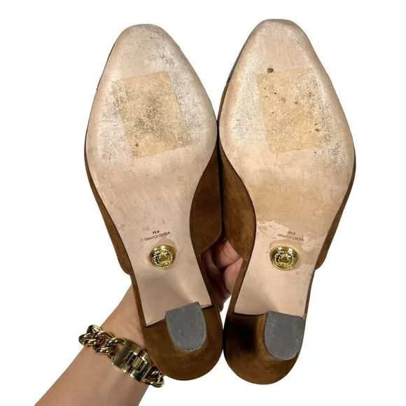 Veronica Beard Carlotta Toe Suede Mules Mixed Media Heel Camel Black Size 9