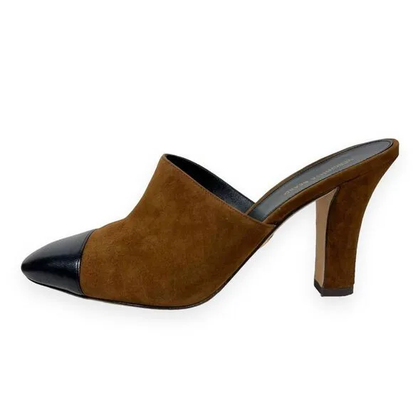 Veronica Beard Carlotta Toe Suede Mules Mixed Media Heel Camel Black Size 9