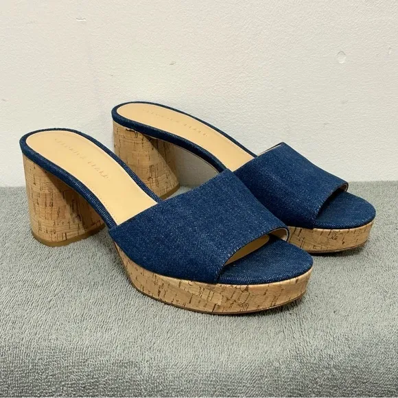 Veronica Beard Dali Platform Chunky Heel Mules Womens Size 10.5 Blue
