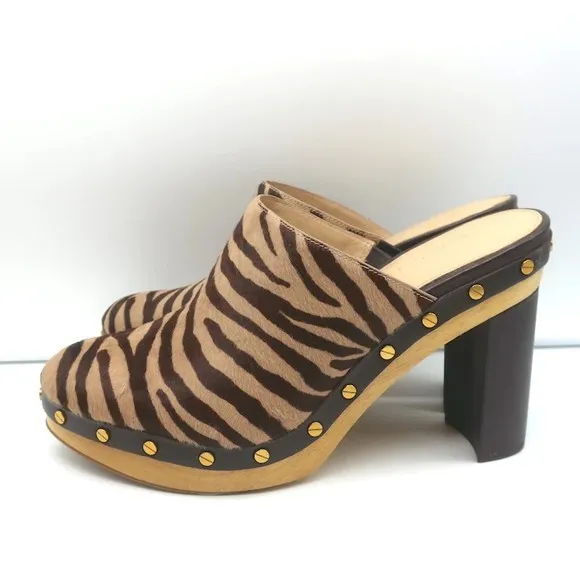 Veronica Beard Grita Clogs Tiger Print Calf Hair Size 10 High Heel Mules