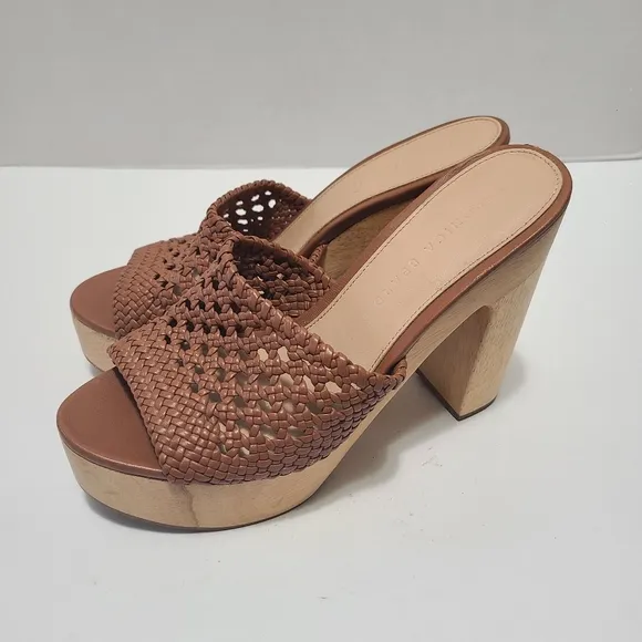 Veronica Beard Guadalupe‎ Woven Leather Wooden-Heel Mules Size 7.5