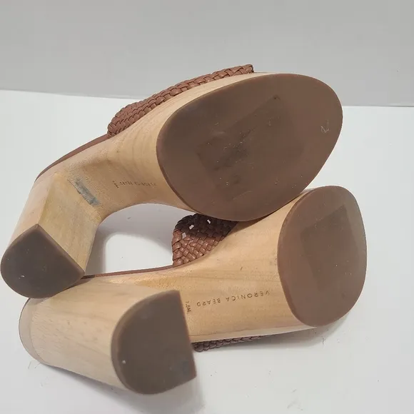Veronica Beard Guadalupe‎ Woven Leather Wooden-Heel Mules Size 7.5