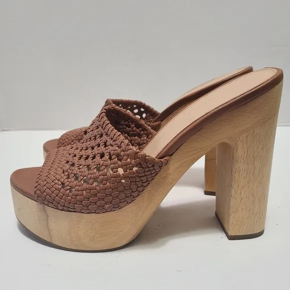 Veronica Beard Guadalupe‎ Woven Leather Wooden-Heel Mules Size 7.5