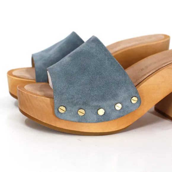 Veronica Beard Hannalee Suede Clogs NEW Blue Wood Block Heel Platform Size 7