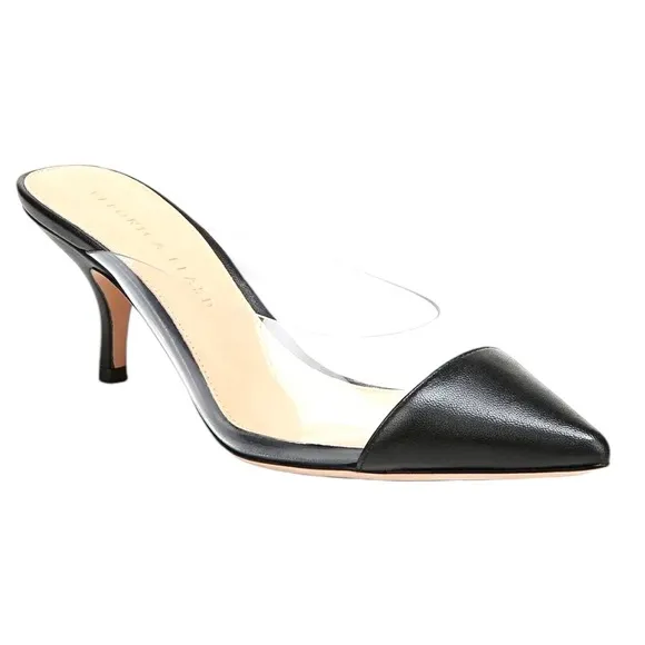 Veronica Beard Maddie Mule Black Leather Kitten-Heel PVC Side Size 9