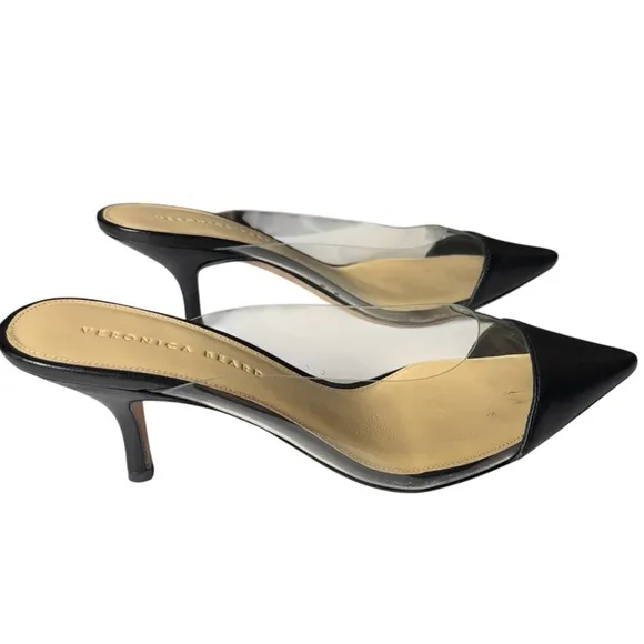 Veronica Beard Maddie Mule Black Leather Kitten-Heel PVC Side Size 9