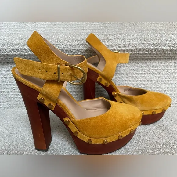 Veronica Beard Mustard Suede Wooden Heeled Gold Studded Platform Clogs Shoes