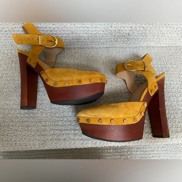 Veronica Beard Mustard Suede Wooden Heeled Gold Studded Platform Clogs Shoes