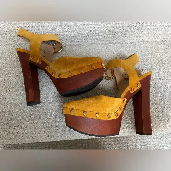 Veronica Beard Mustard Suede Wooden Heeled Gold Studded Platform Clogs Shoes