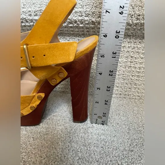Veronica Beard Mustard Suede Wooden Heeled Gold Studded Platform Clogs Shoes