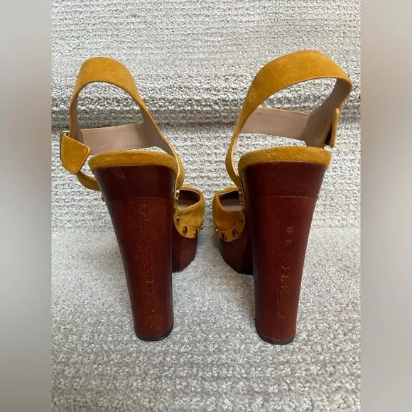 Veronica Beard Mustard Suede Wooden Heeled Gold Studded Platform Clogs Shoes