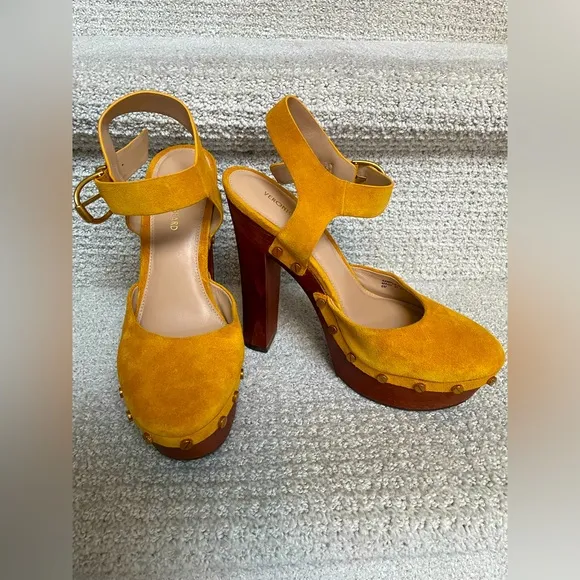 Veronica Beard Mustard Suede Wooden Heeled Gold Studded Platform Clogs Shoes