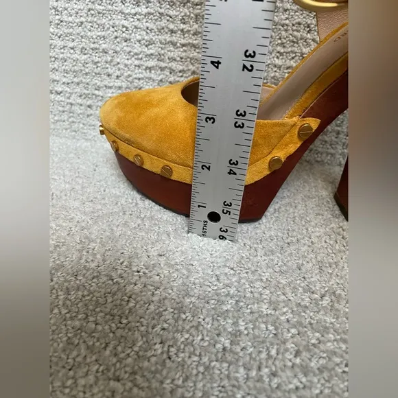 Veronica Beard Mustard Suede Wooden Heeled Gold Studded Platform Clogs Shoes