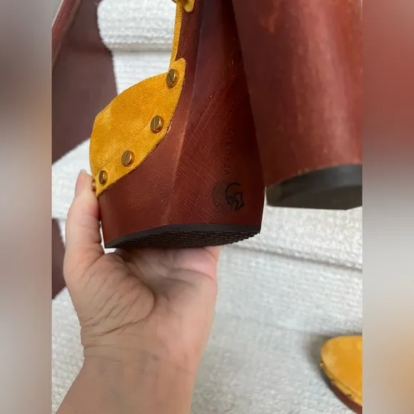 Veronica Beard Mustard Suede Wooden Heeled Gold Studded Platform Clogs Shoes
