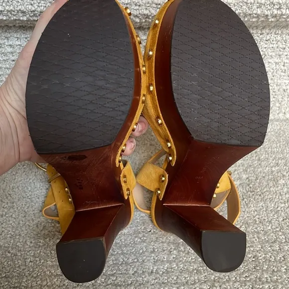 Veronica Beard Mustard Suede Wooden Heeled Gold Studded Platform Clogs Shoes