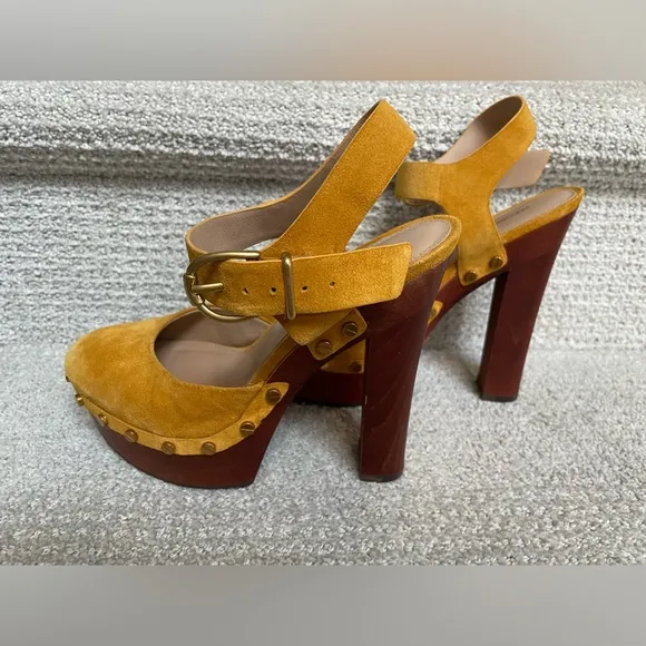 Veronica Beard Mustard Suede Wooden Heeled Gold Studded Platform Clogs Shoes